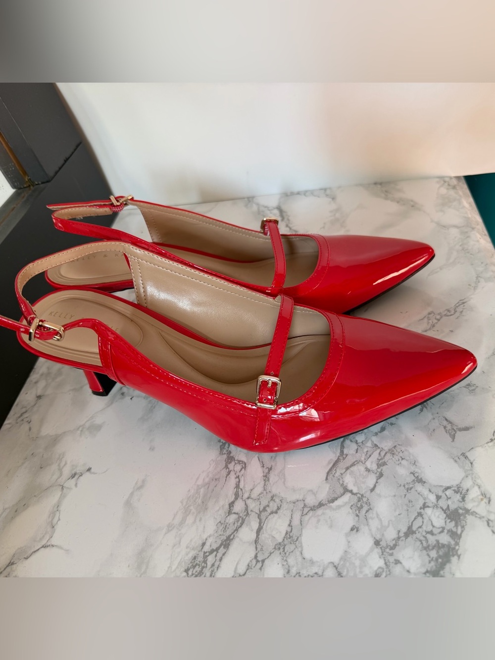 Kelly & Katie Bright Red Patent Slingback Pumps with Buckle Strap